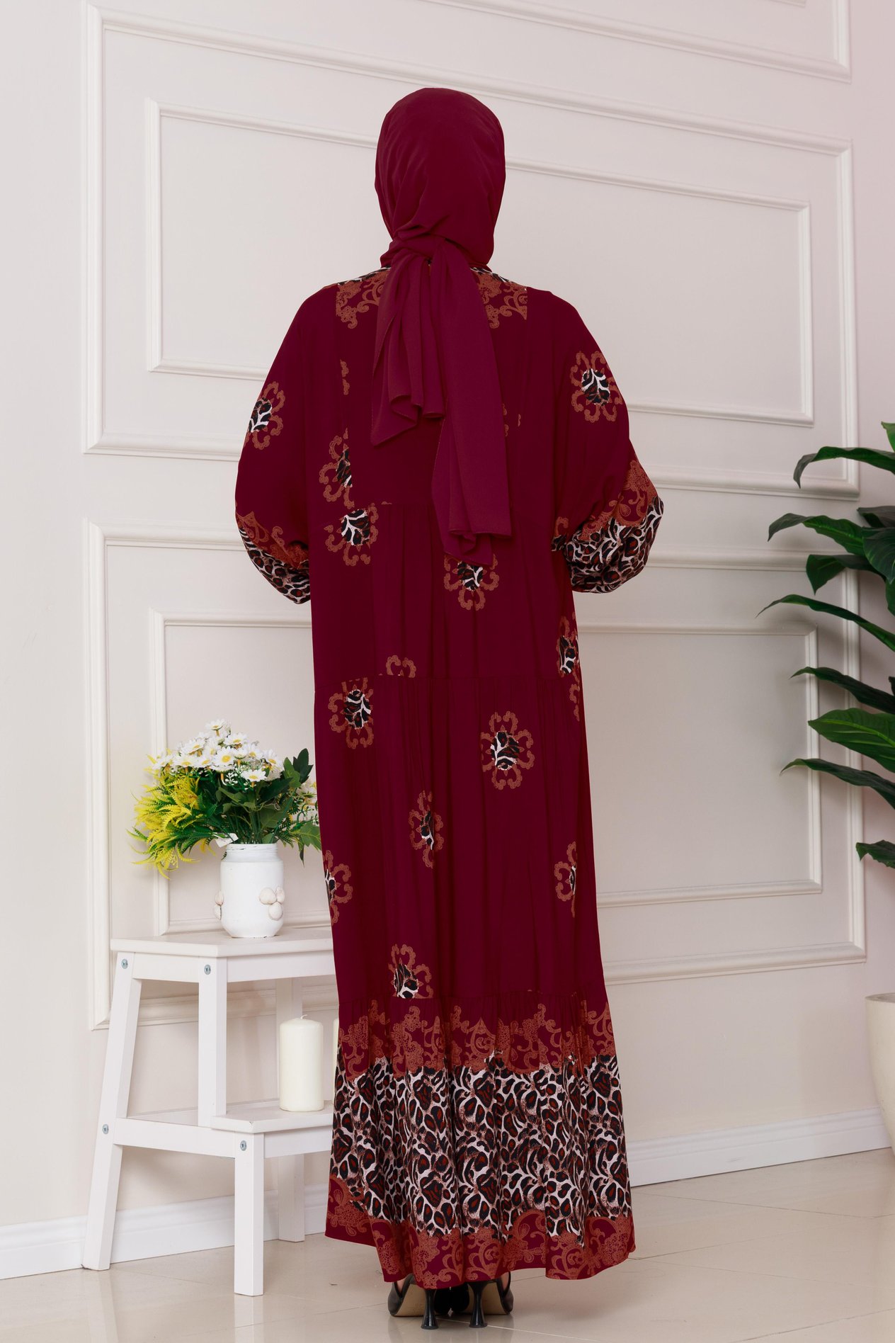 Leopar Desenli Robalı Viscon Elbise-Kırmızı