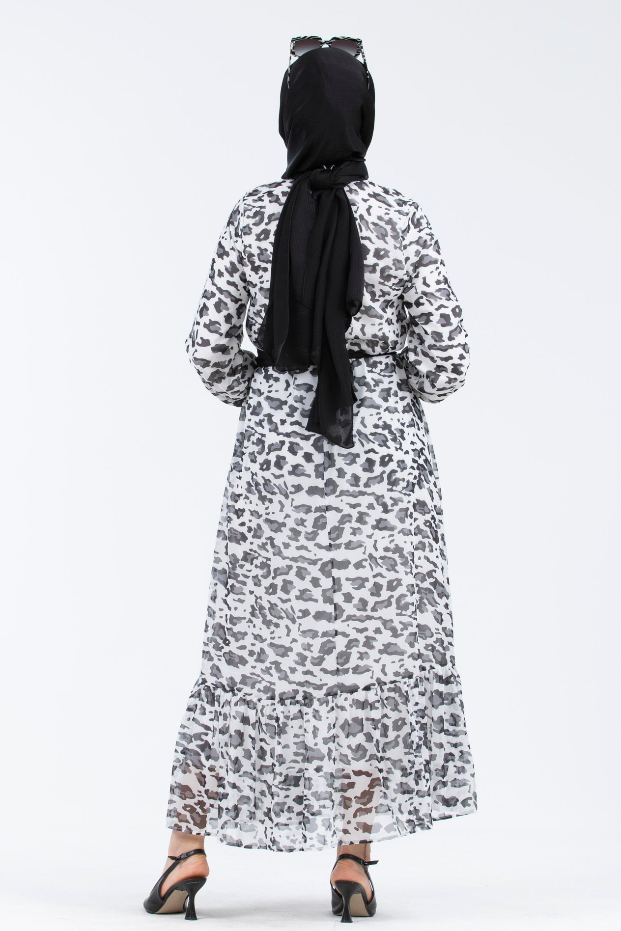 Leopar Desenli Şifon Elbise-Beyaz