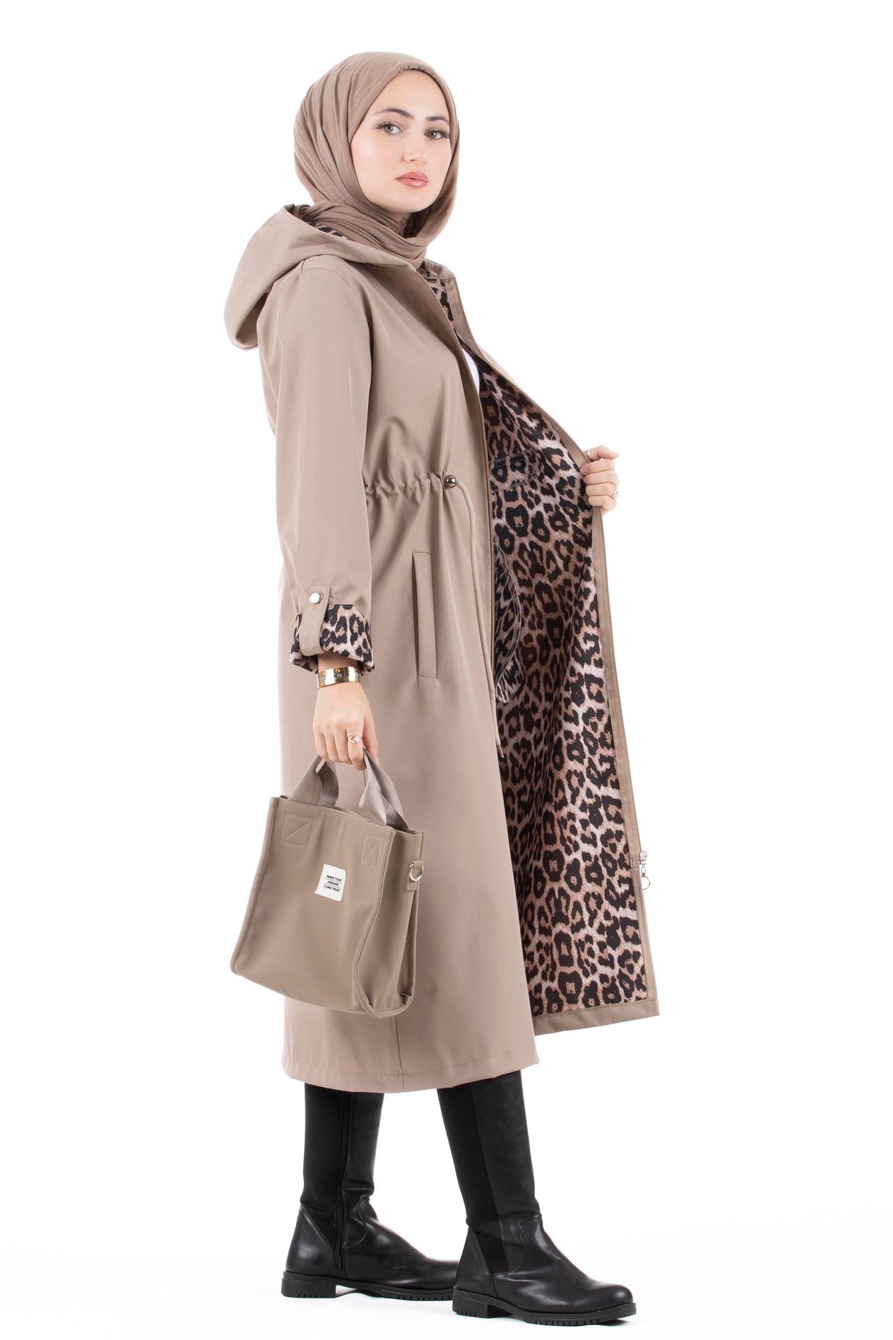 Leopar Detaylı Trençkot-Vizon