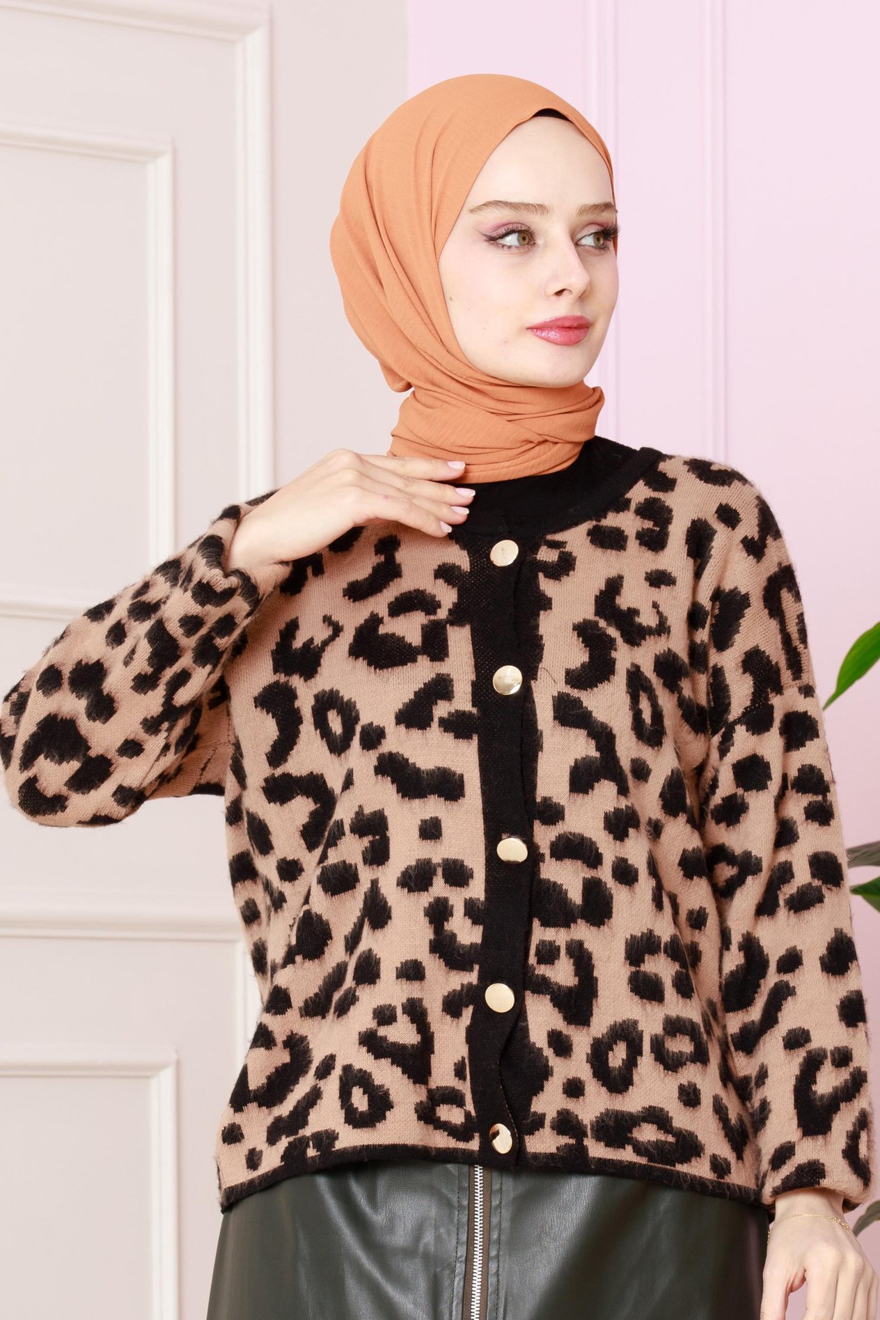 Leopar Kısa Hırka -VİZON