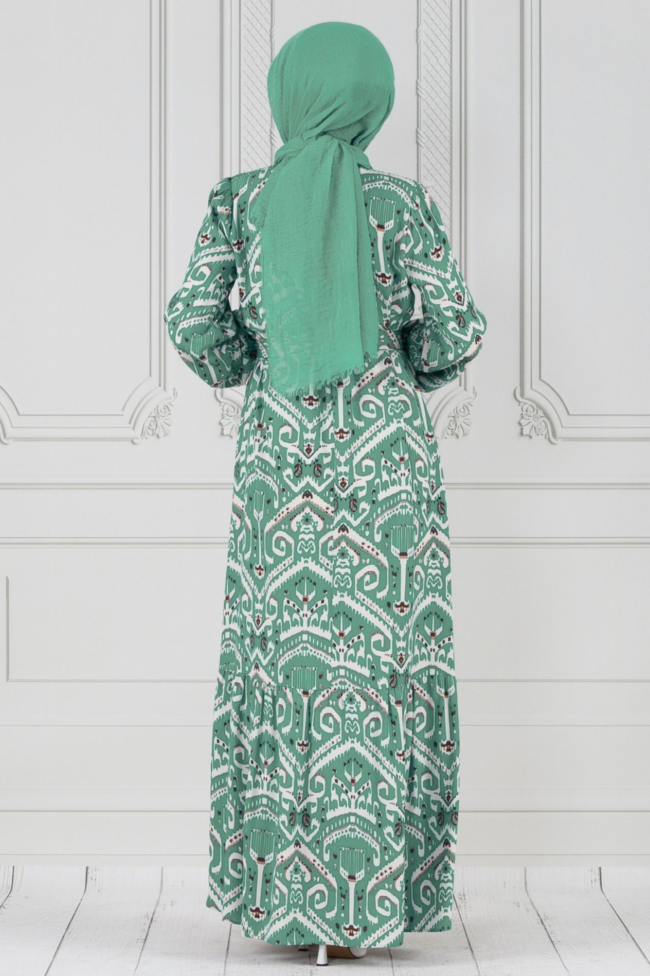 Motif Desen Beli Kuşaklı Viskon Elbise-Mint Yeşili