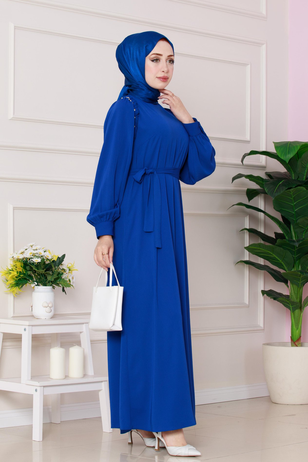 Omuzu Taş Detaylı Rose Elbise-Saks Mavi