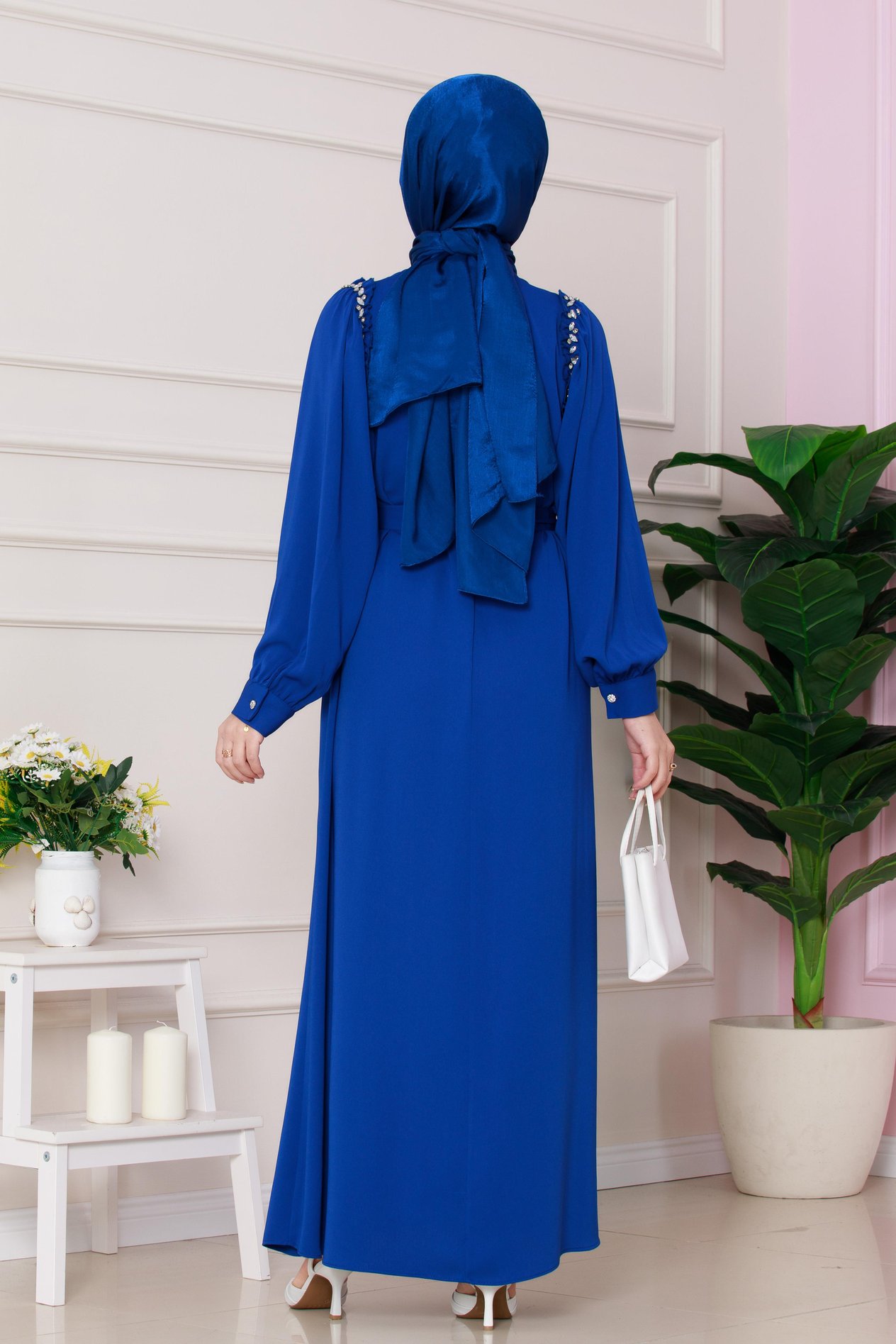 Omuzu Taş Detaylı Rose Elbise-Saks Mavi