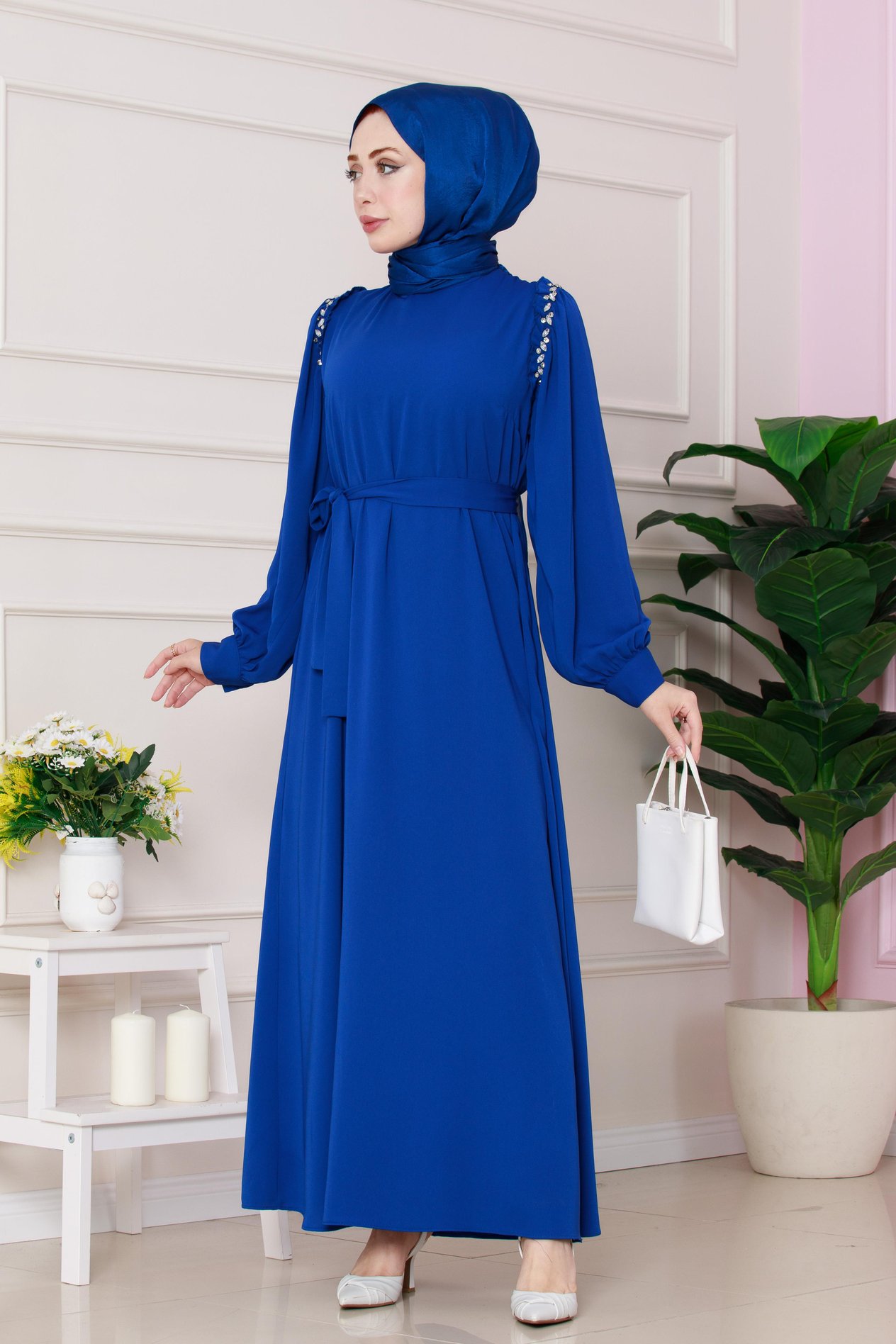 Omuzu Taş Detaylı Rose Elbise-Saks Mavi