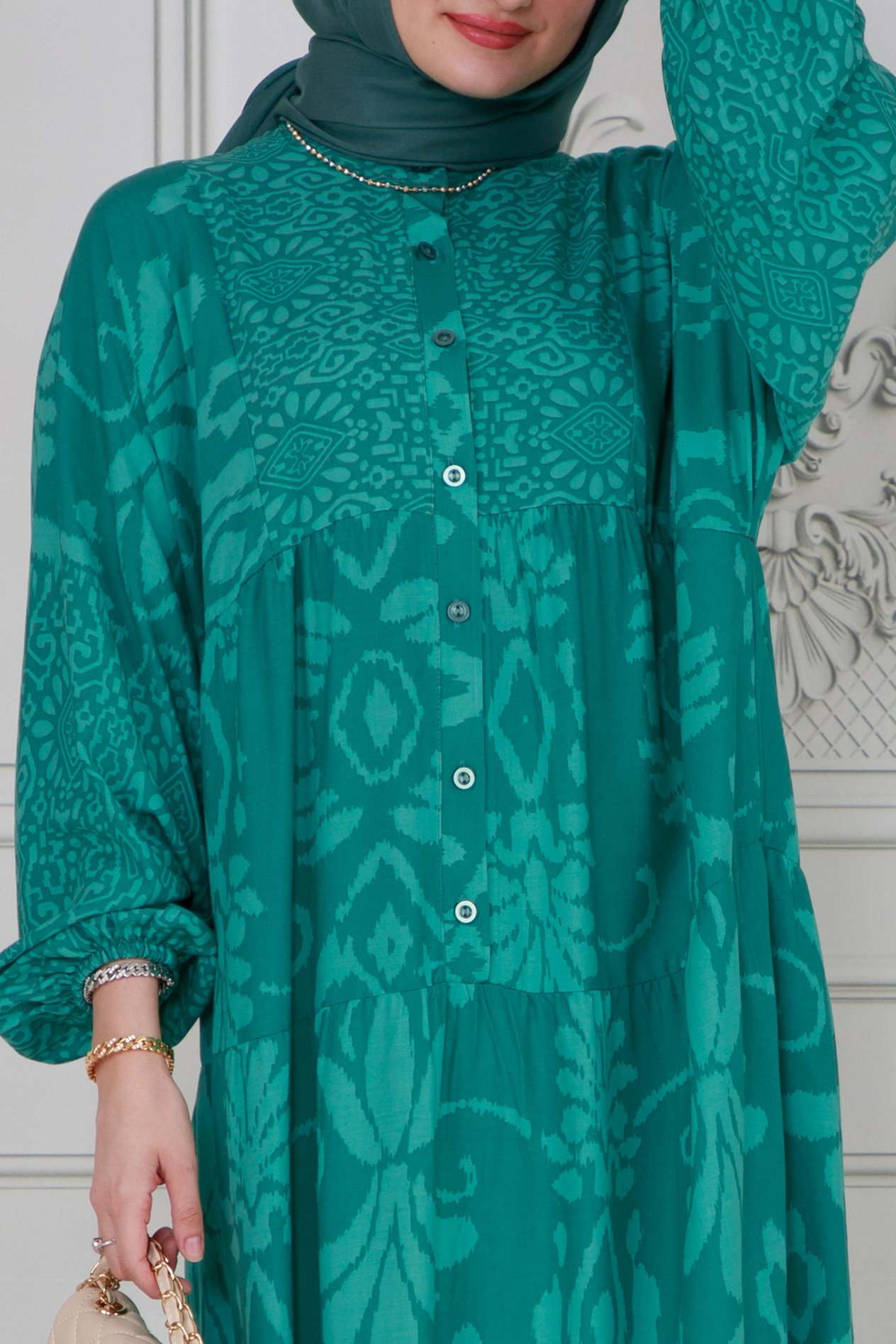 Otantik Robalı Tesettür Elbise-Mint Yeşili