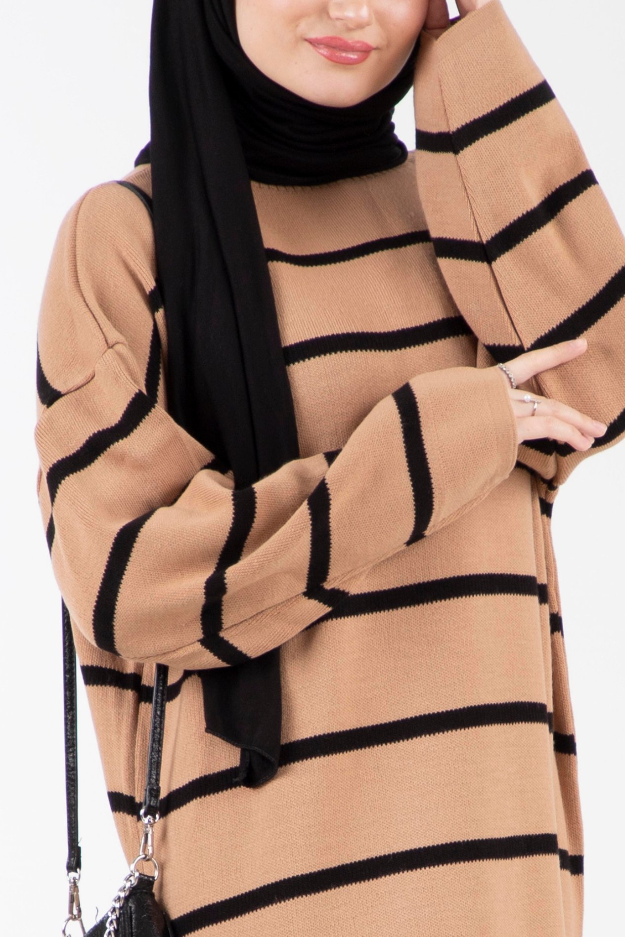 Oversize Çizgili Triko Elbise-Camel