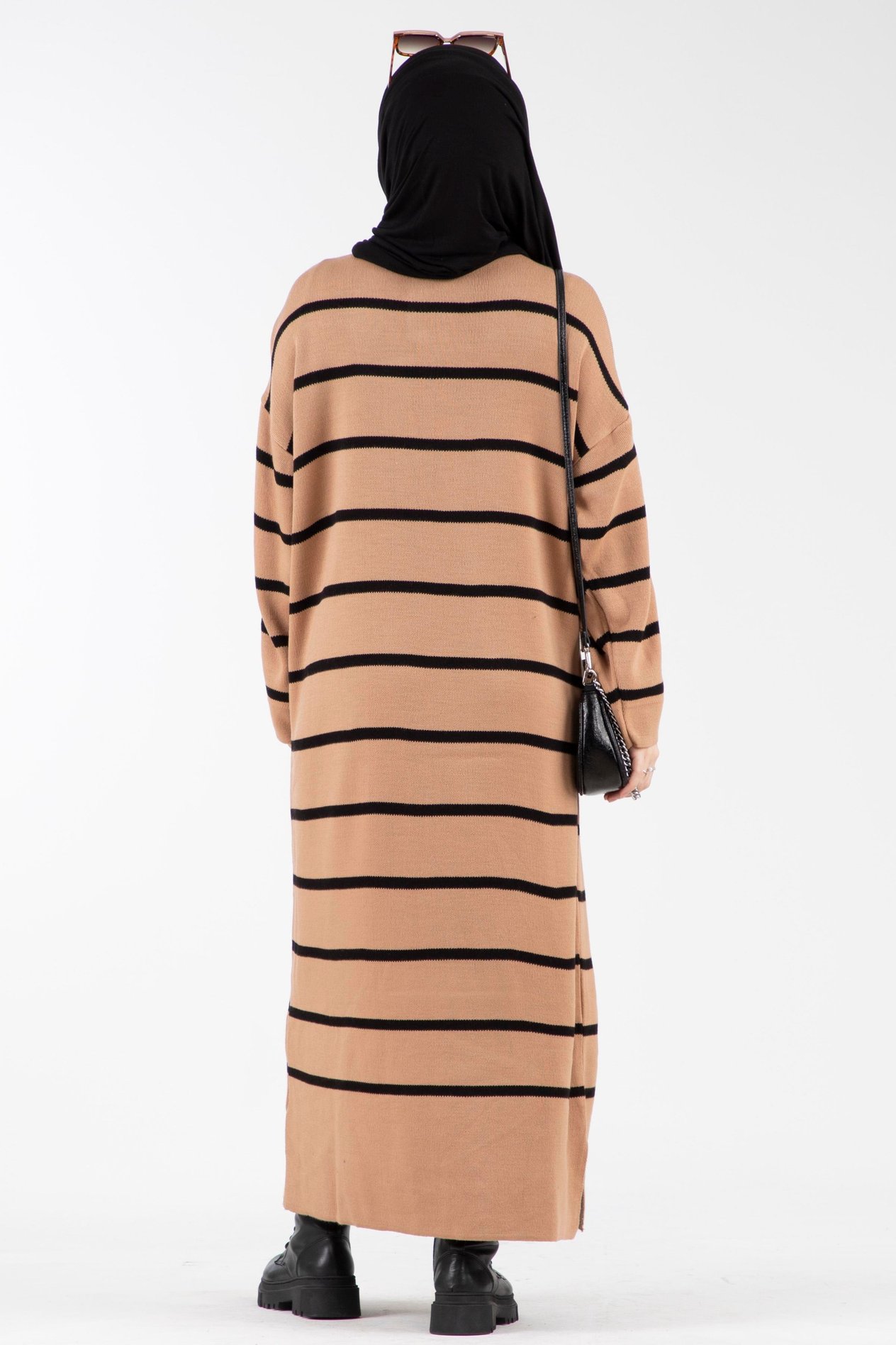 Oversize Çizgili Triko Elbise-Camel
