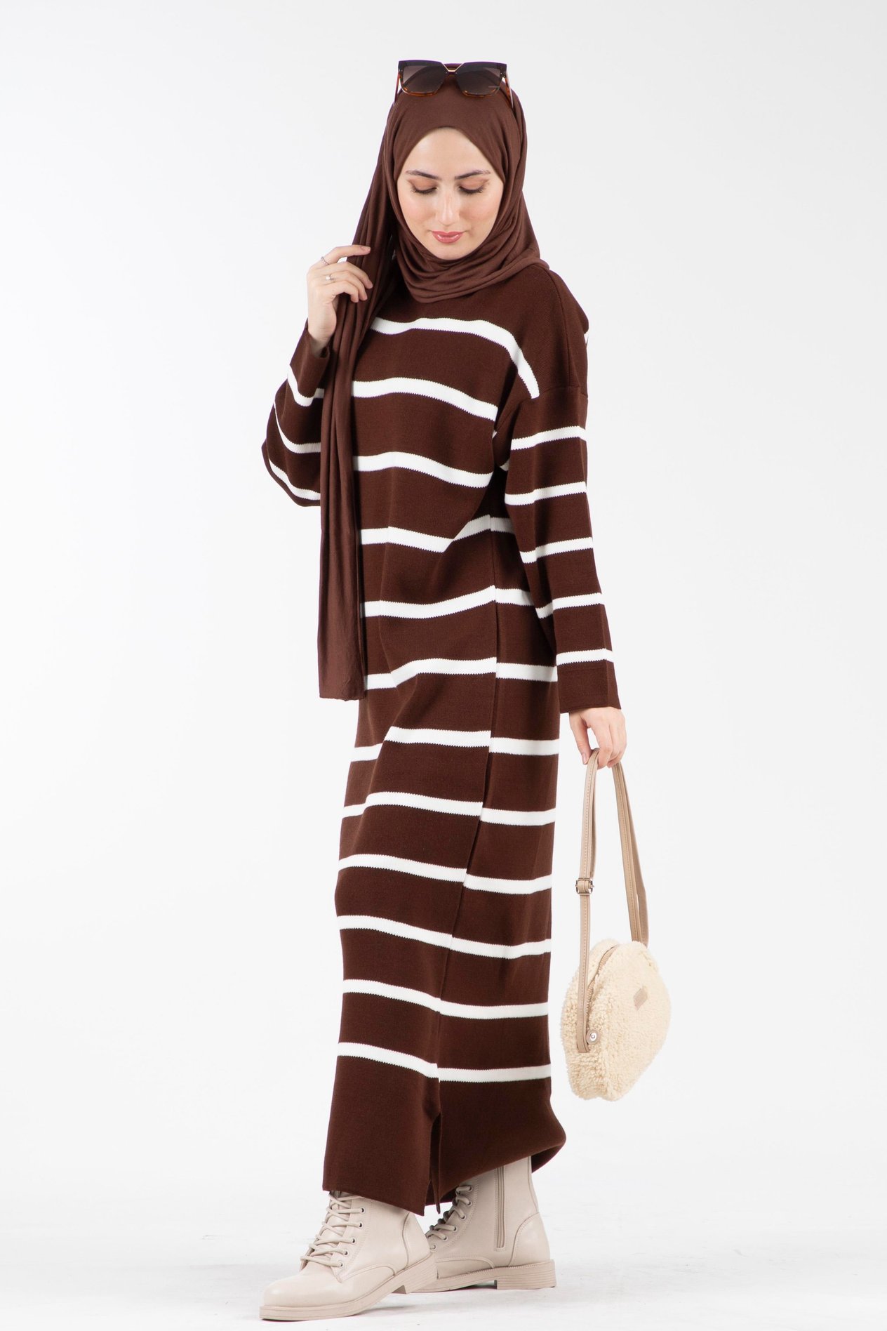 Oversize Çizgili Triko Elbise-Kahverengi
