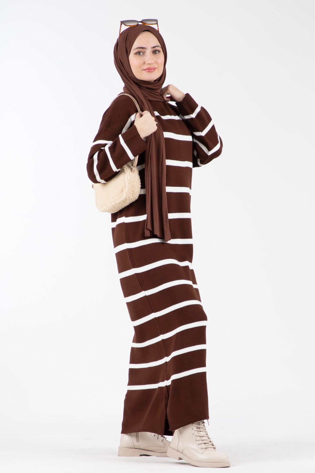 Oversize Çizgili Triko Elbise-Kahverengi