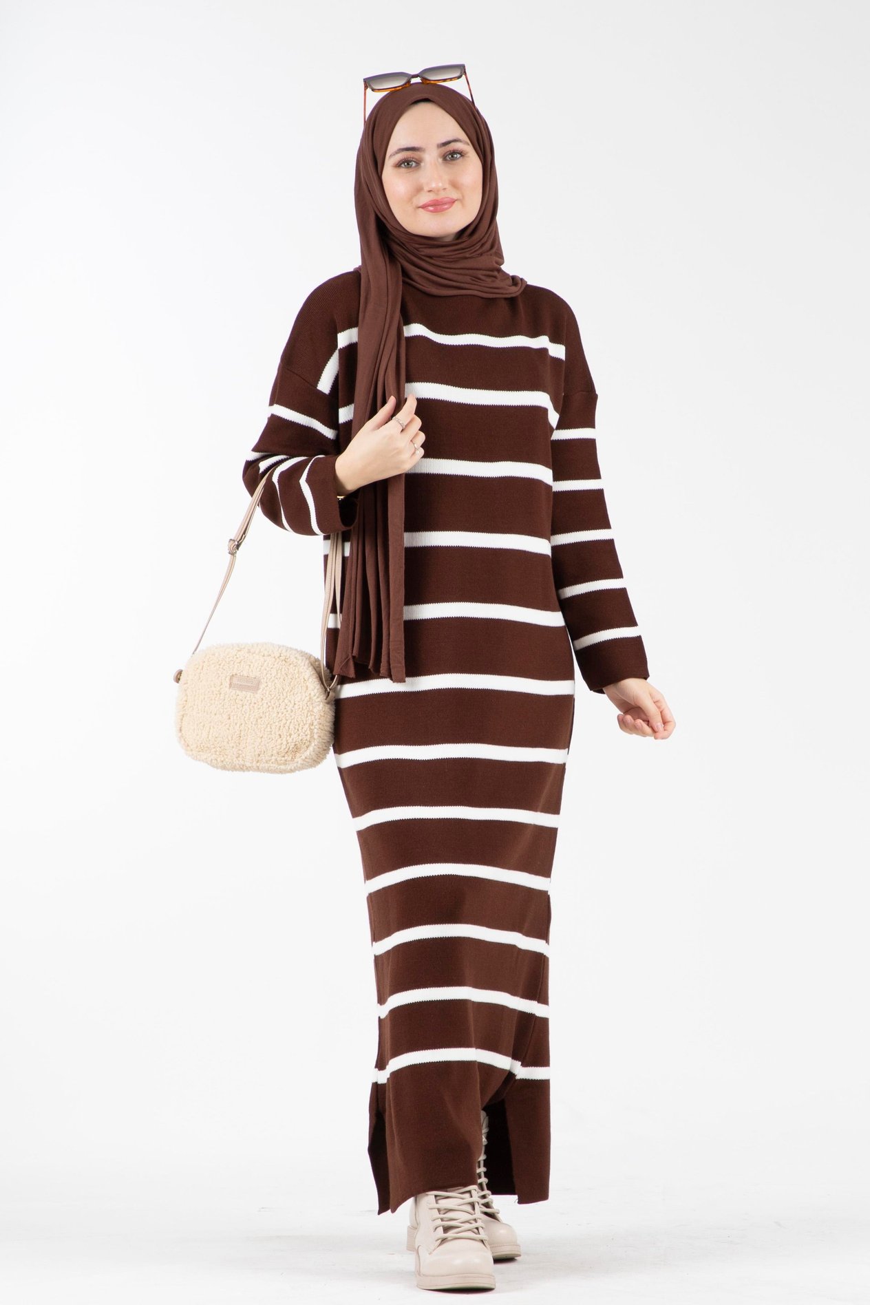 Oversize Çizgili Triko Elbise-Kahverengi