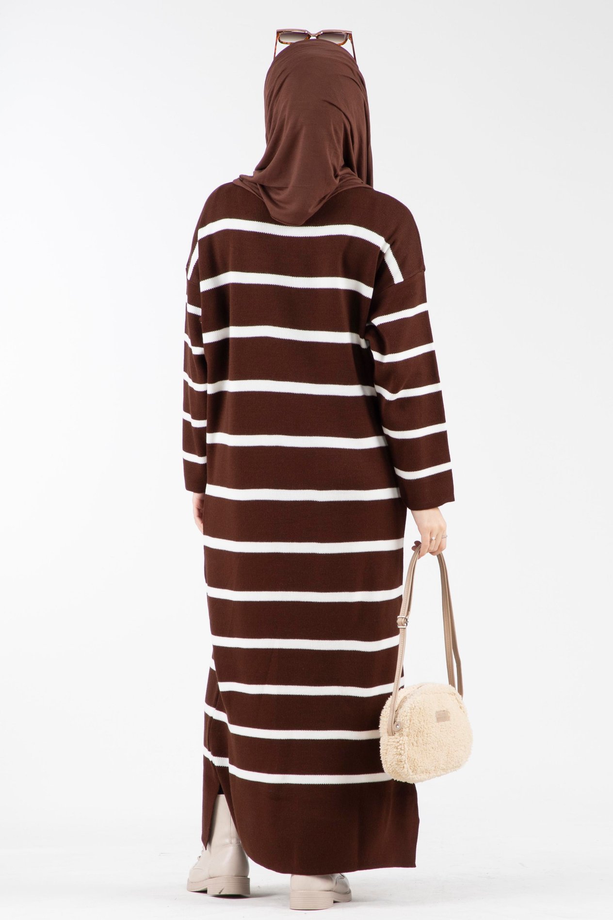 Oversize Çizgili Triko Elbise-Kahverengi