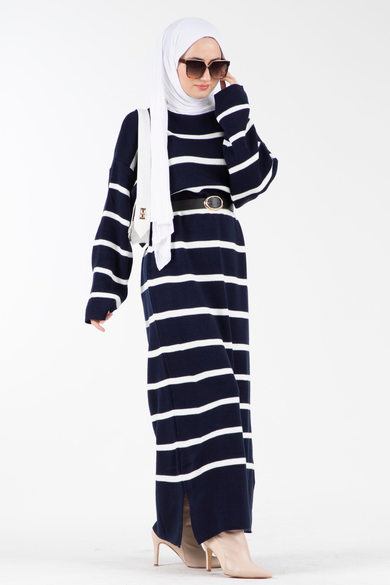 Oversize Çizgili Triko Elbise-Lacivert