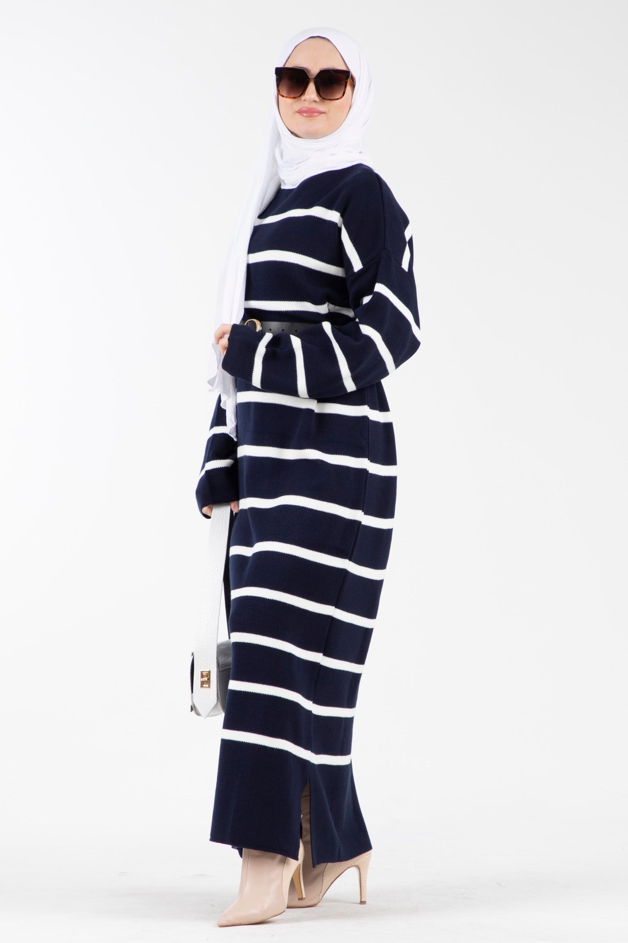 Oversize Çizgili Triko Elbise-Lacivert