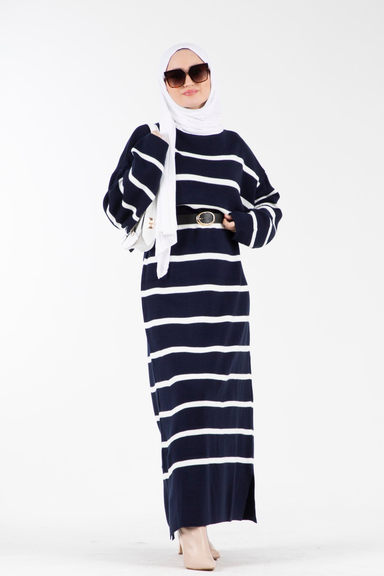 Oversize Çizgili Triko Elbise-Lacivert