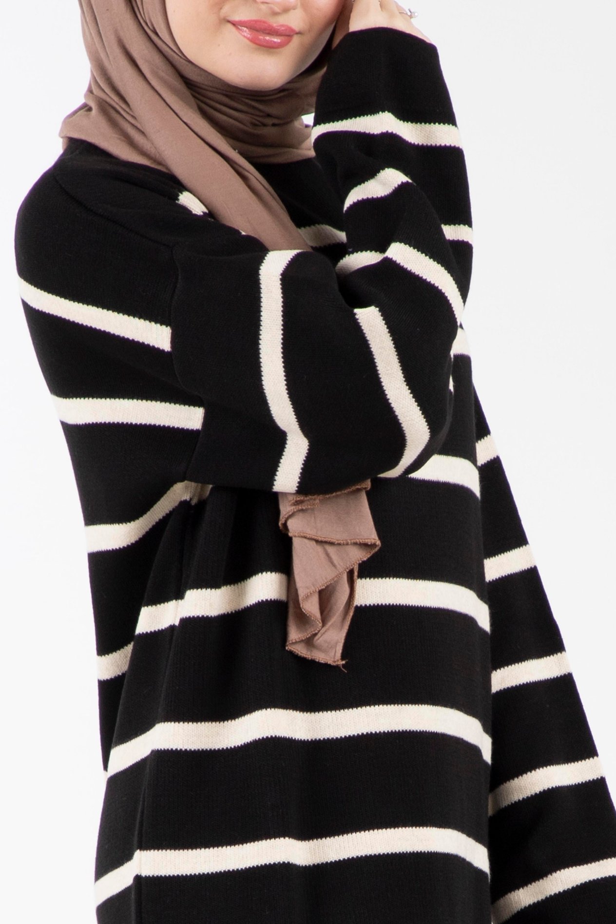 Oversize Çizgili Triko Elbise-Siyah