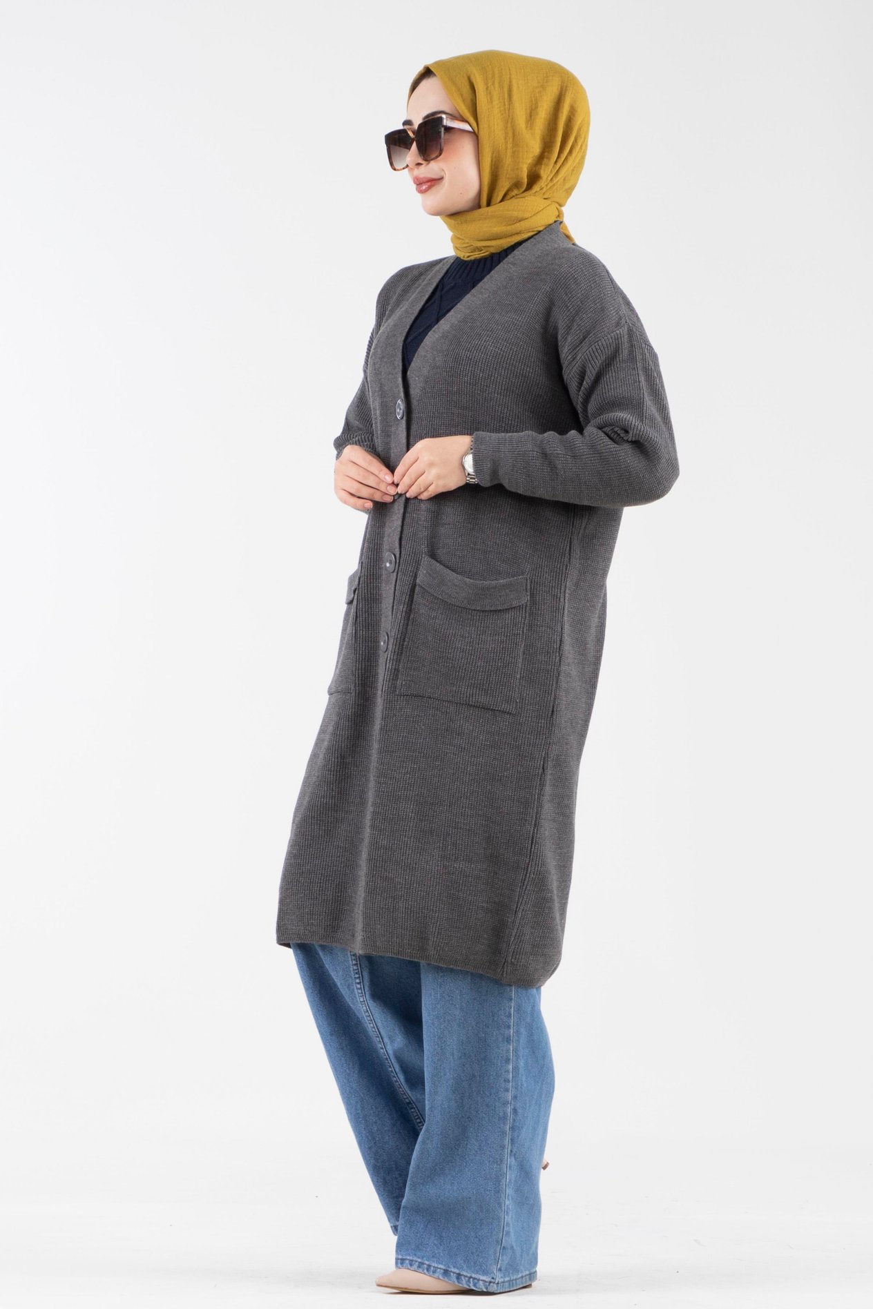 Oversize Düğmeli Triko Hırka-Antrasit