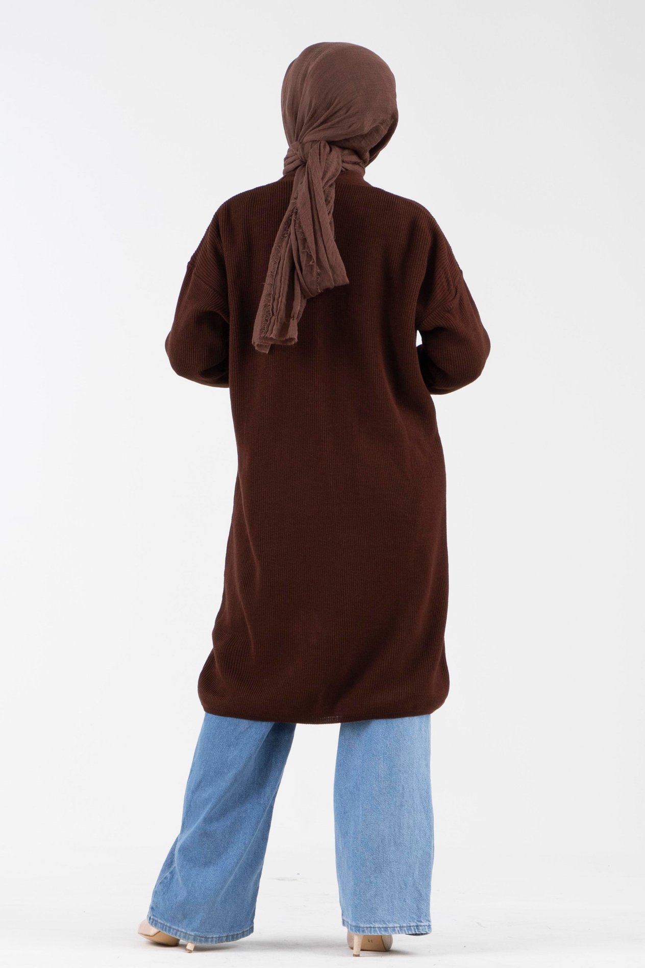 Oversize Düğmeli Triko Hırka-Kahverengi