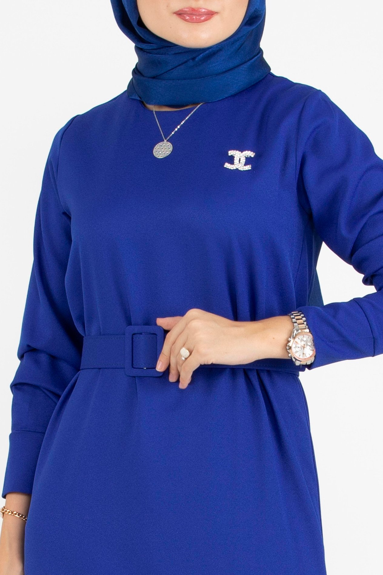 Pilise Detaylı Kemerli Elbise-Saks Mavi