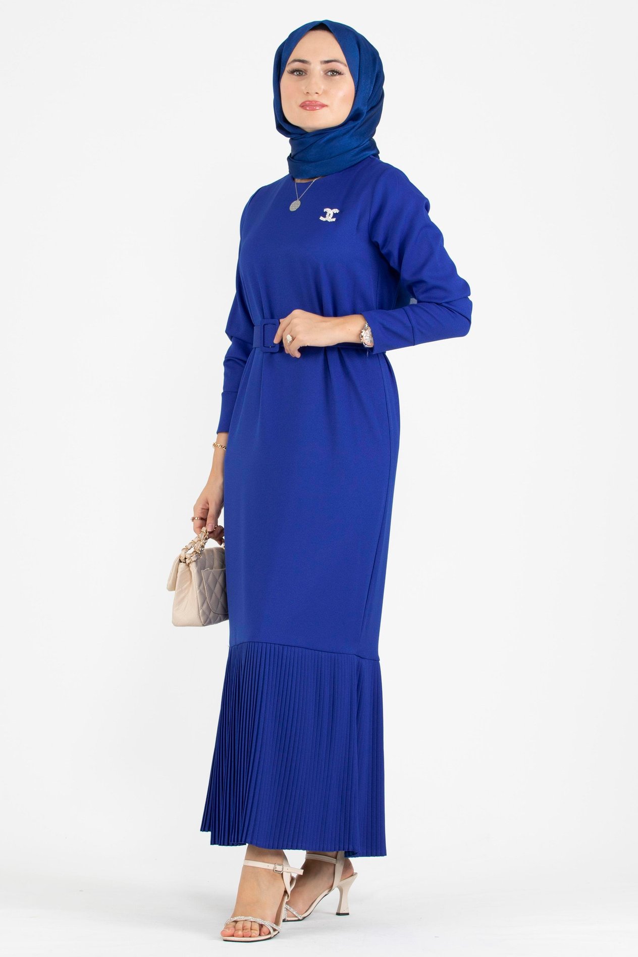 Pilise Detaylı Kemerli Elbise-Saks Mavi