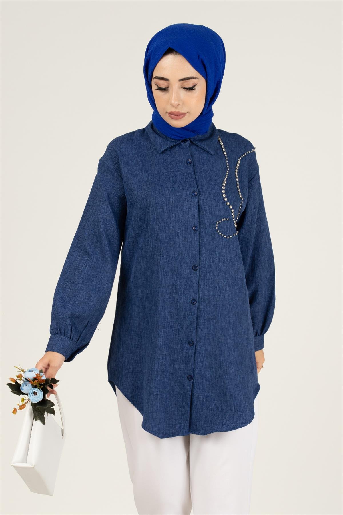 Taş Detaylı Tunik-Lacivert