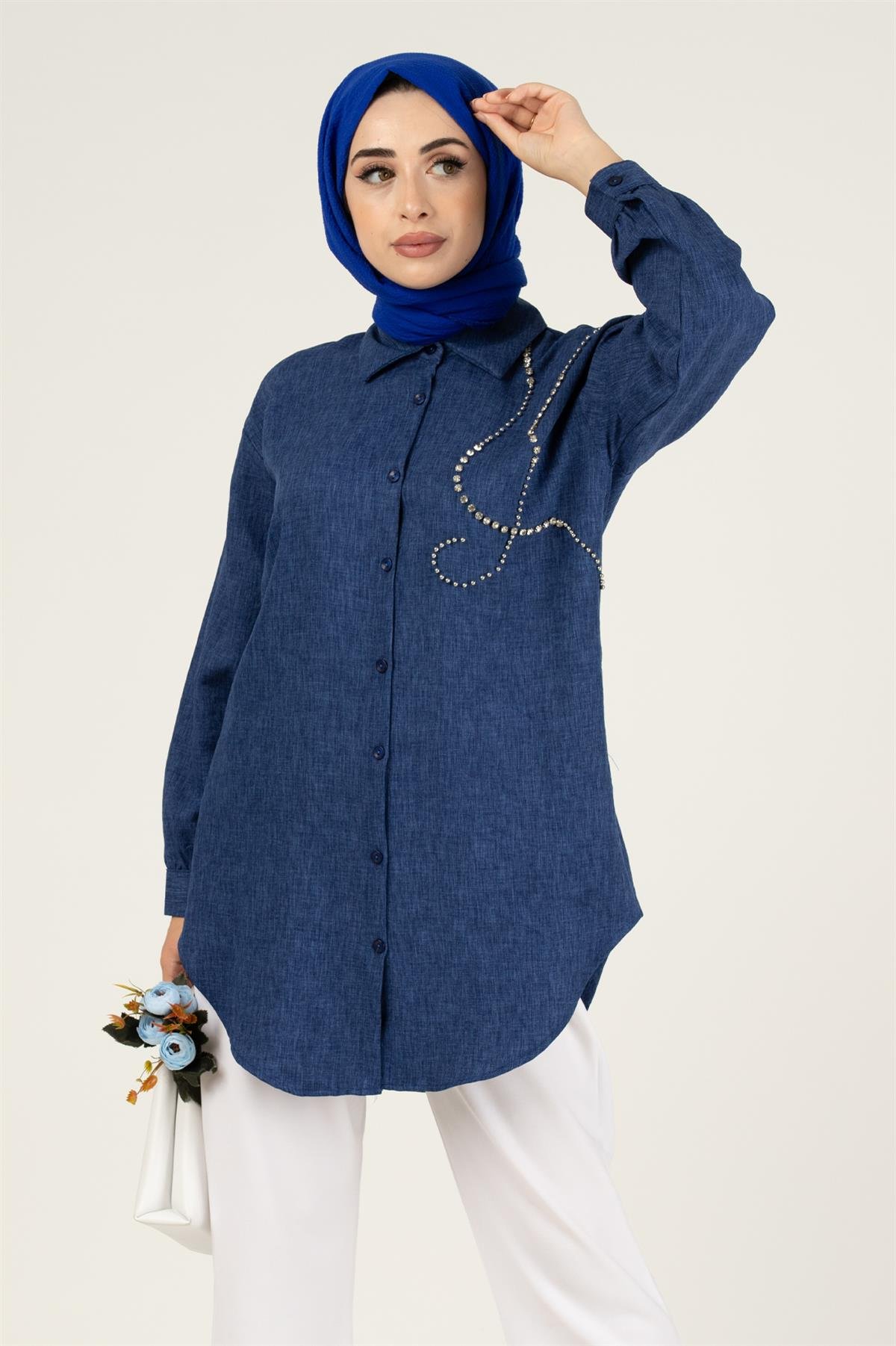 Taş Detaylı Tunik-Lacivert