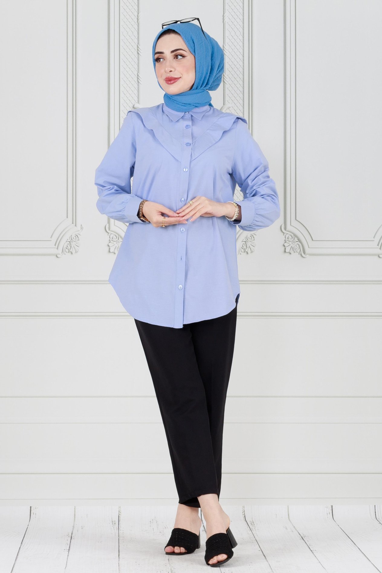 Yakası Kat Detaylı poplin Tunik-Bebe mavi
