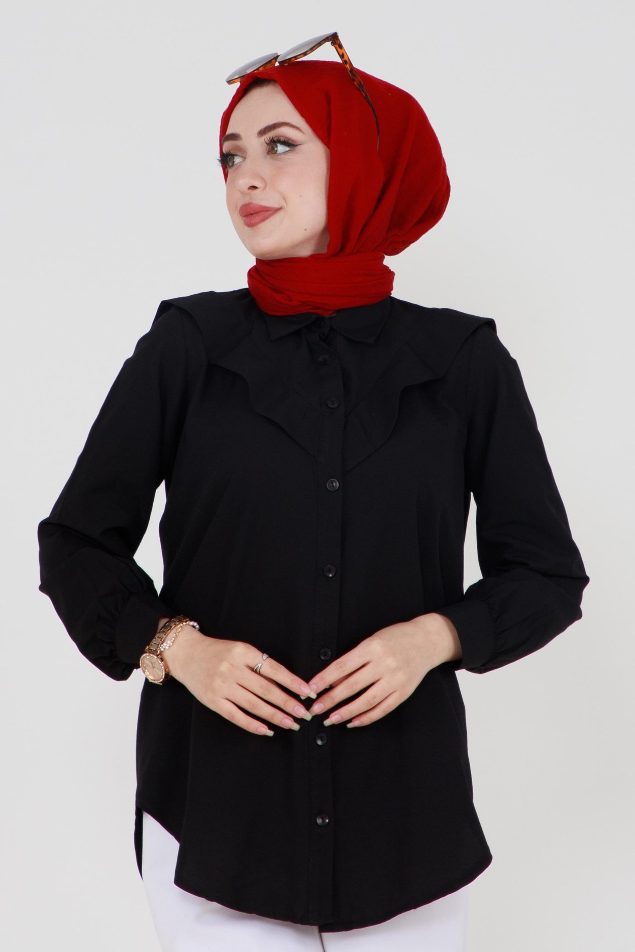 Yakası Kat Detaylı poplin Tunik-Siyah