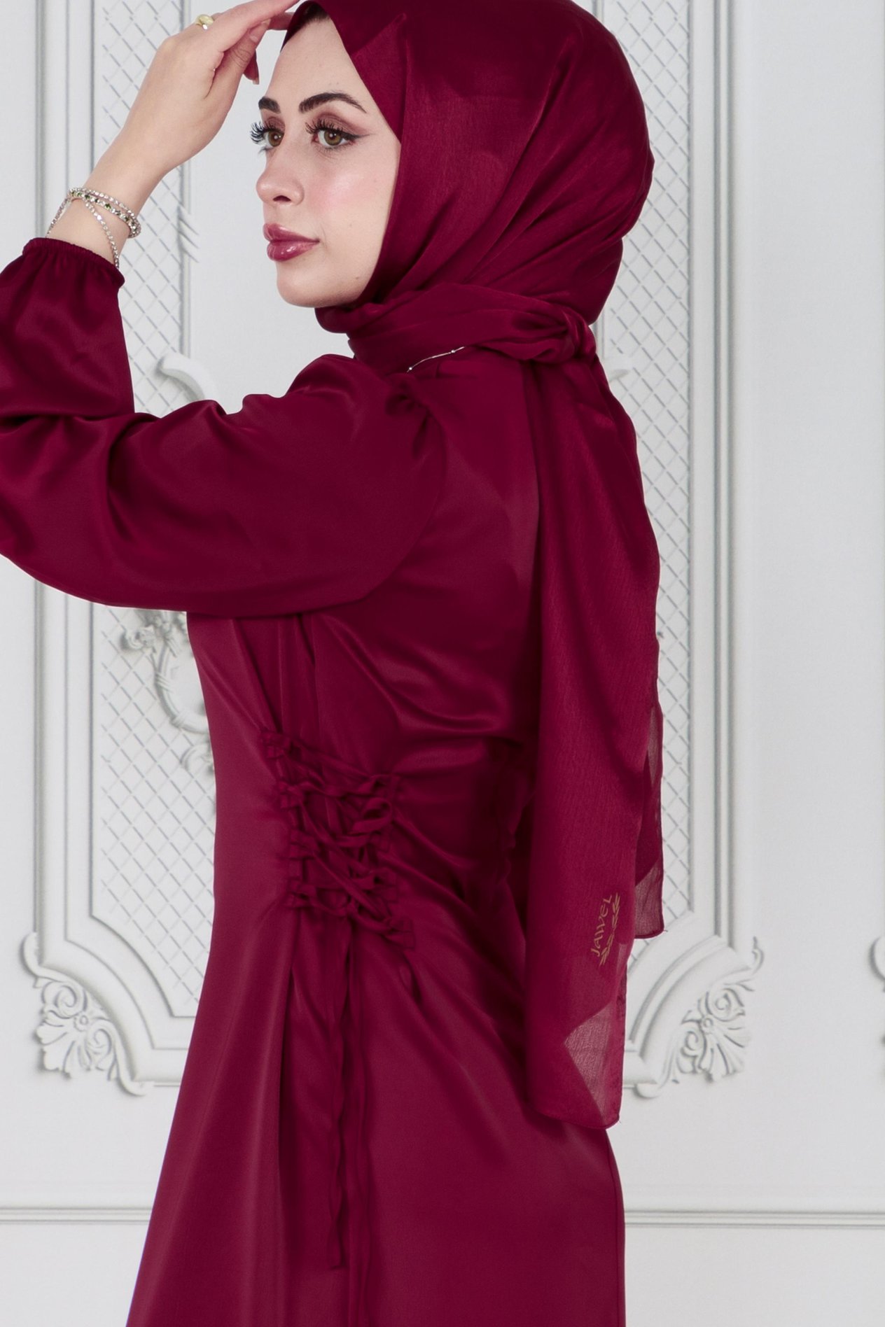 Yanı Bağcıklı Saten Abiye-Bordo