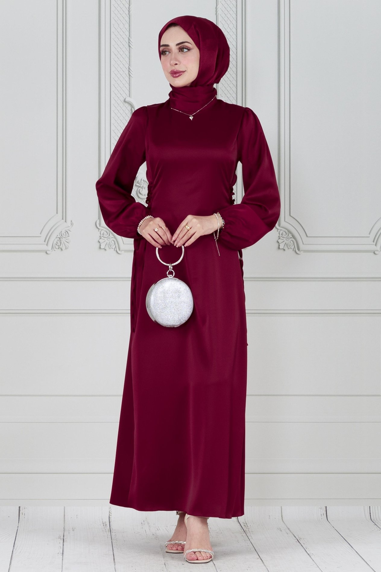 Yanı Bağcıklı Saten Abiye-Bordo