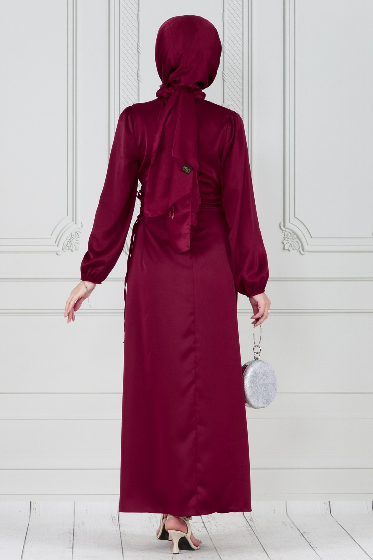 Yanı Bağcıklı Saten Abiye-Bordo