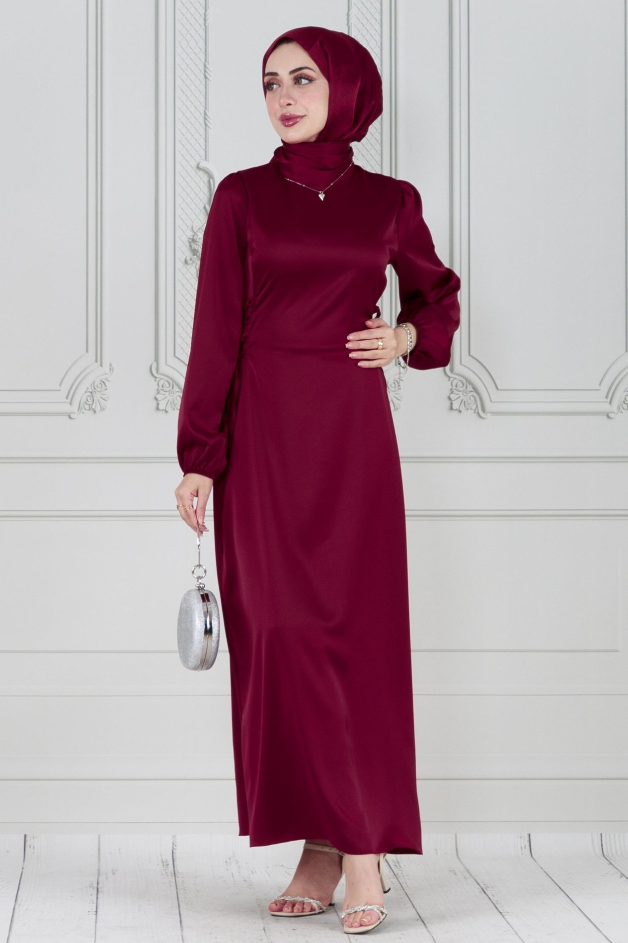 Yanı Bağcıklı Saten Abiye-Bordo