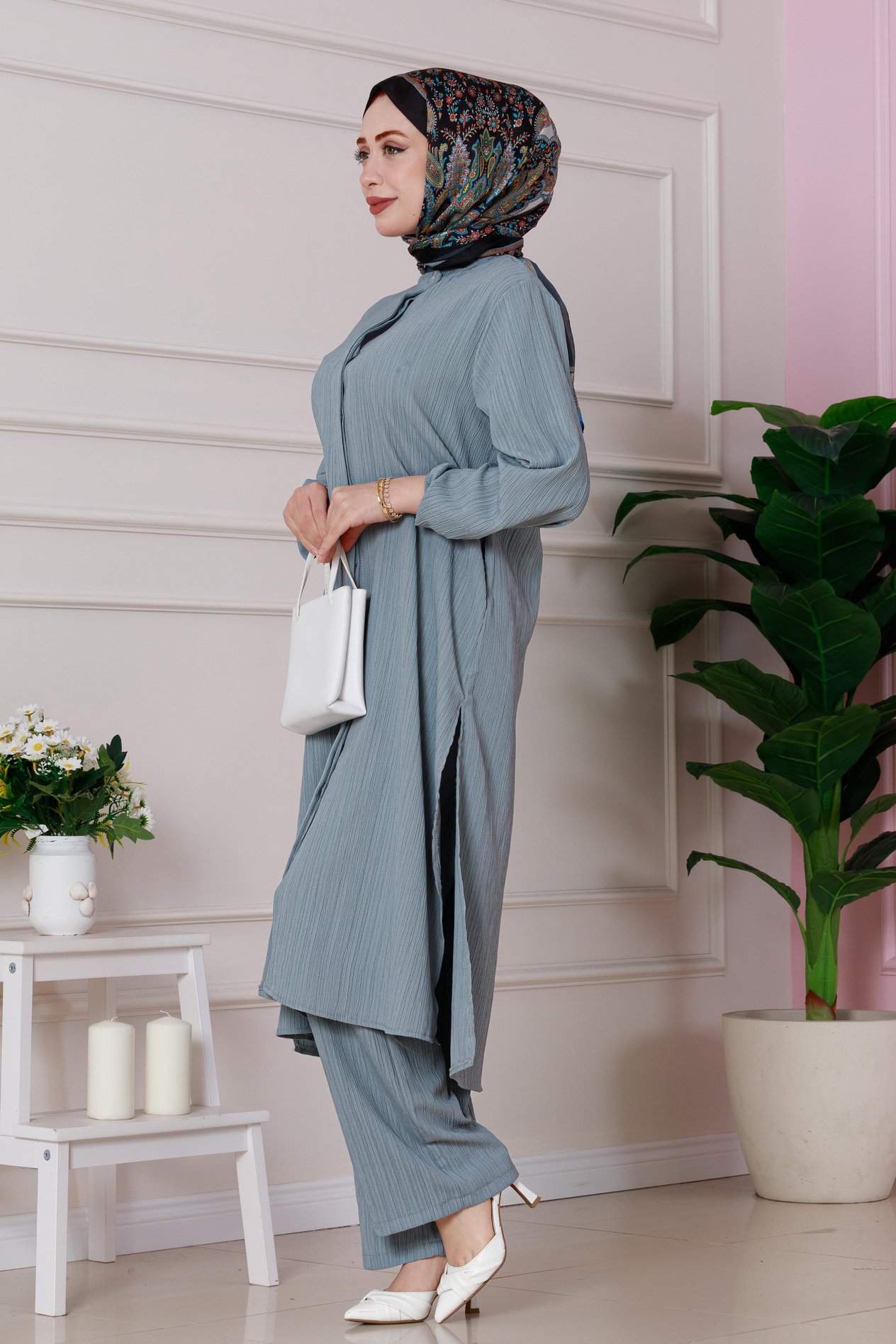 Yırtmaç Detaylı Tunik Pantolon Takım-Gri