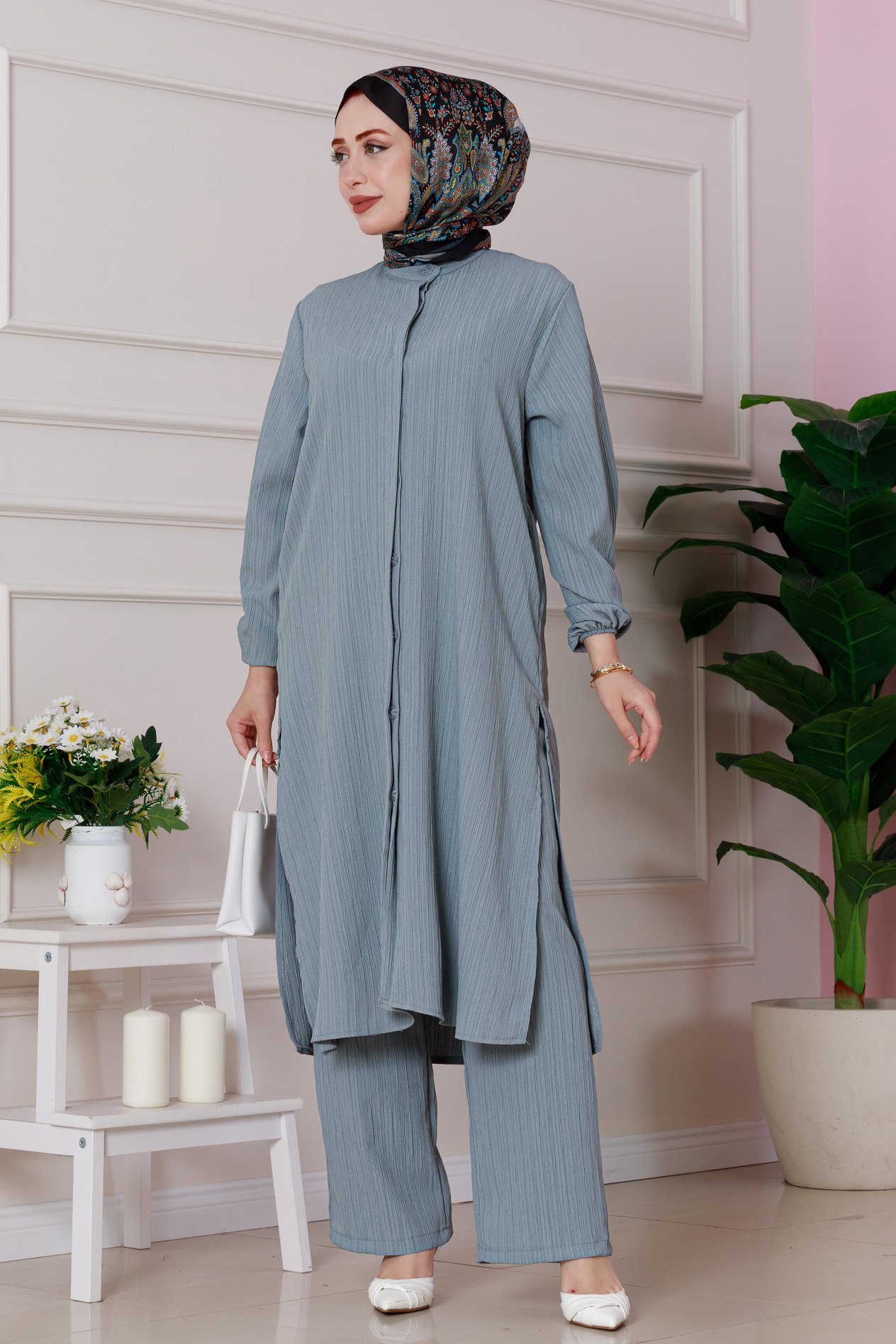 Yırtmaç Detaylı Tunik Pantolon Takım-Gri