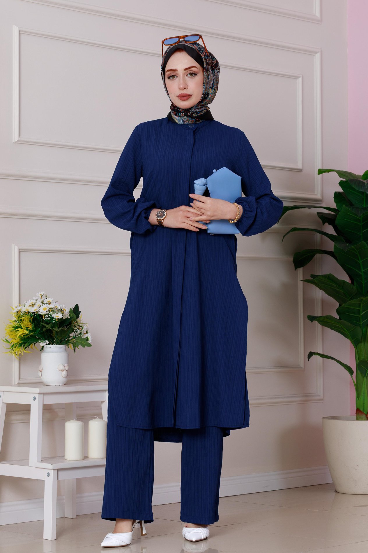 Long tunic and pants set - blue navy color