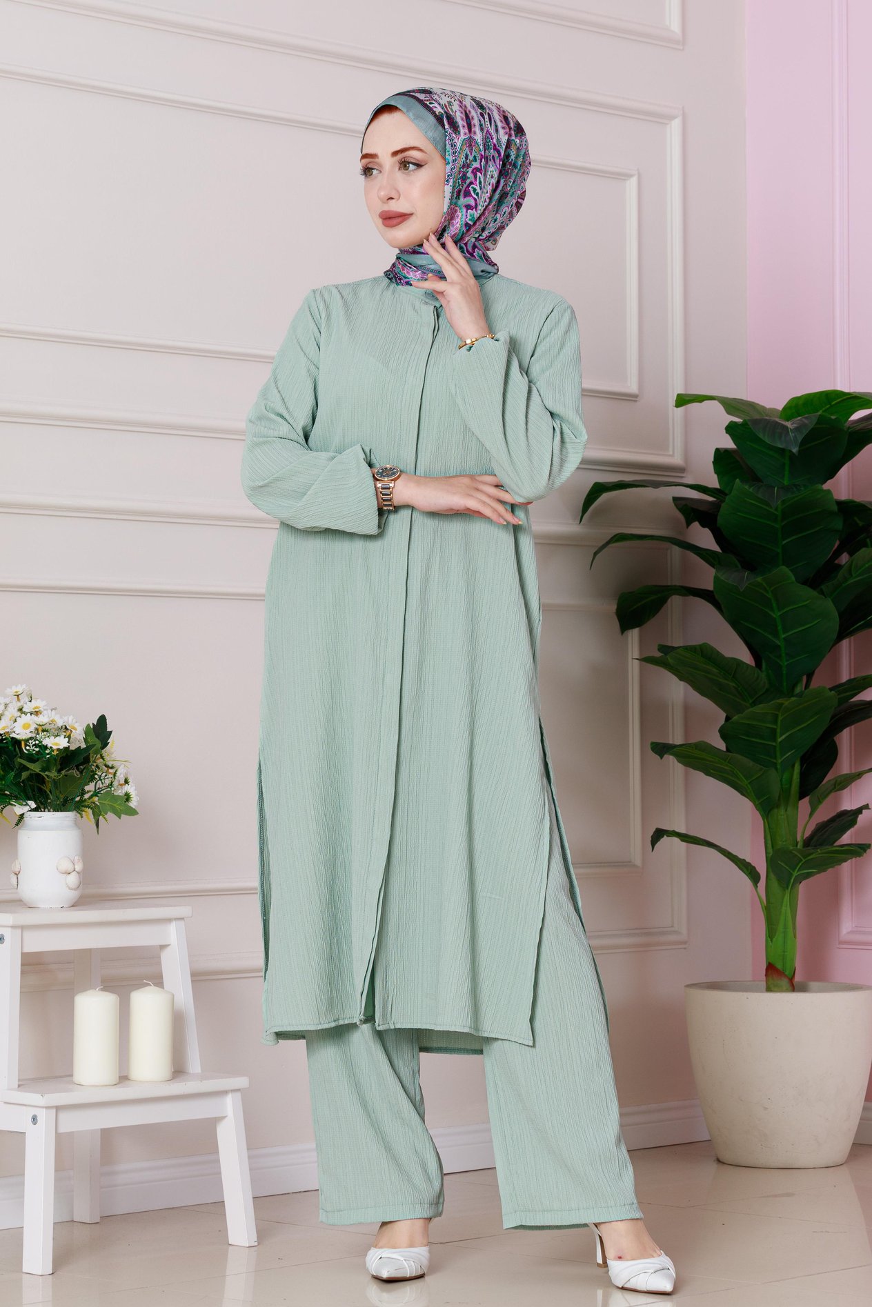 Yırtmaç Detaylı Tunik Pantolon Takım-Mint Yeşili