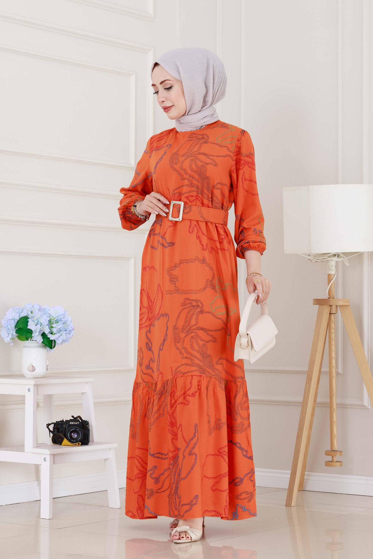 Chain Pattern Coated Belted Viscose Dress - Orange