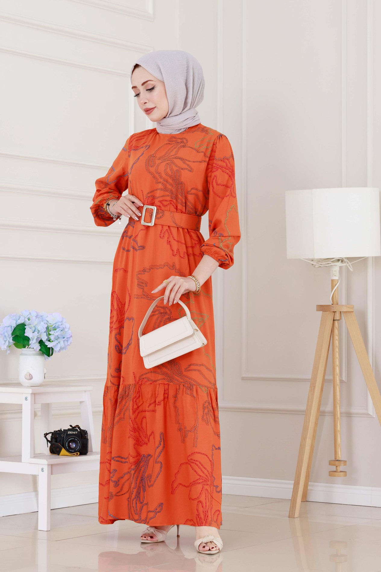 Chain Pattern Coated Belted Viscose Dress - Orange