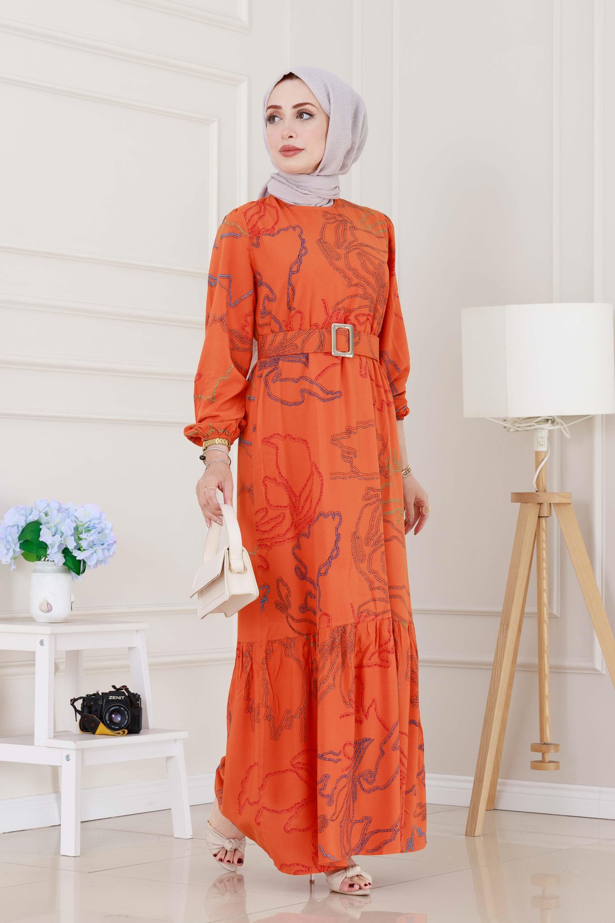 Chain Pattern Coated Belted Viscose Dress - Orange