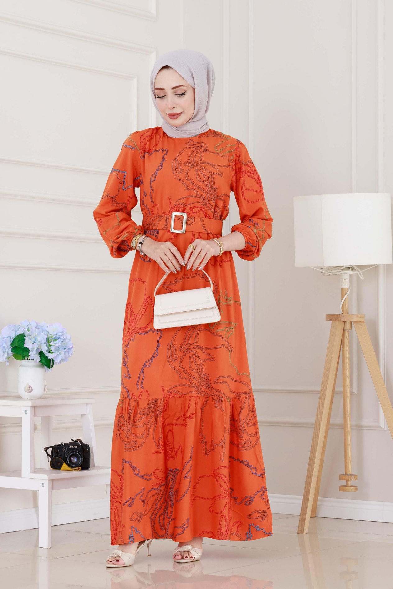 Chain Pattern Coated Belted Viscose Dress - Orange"
