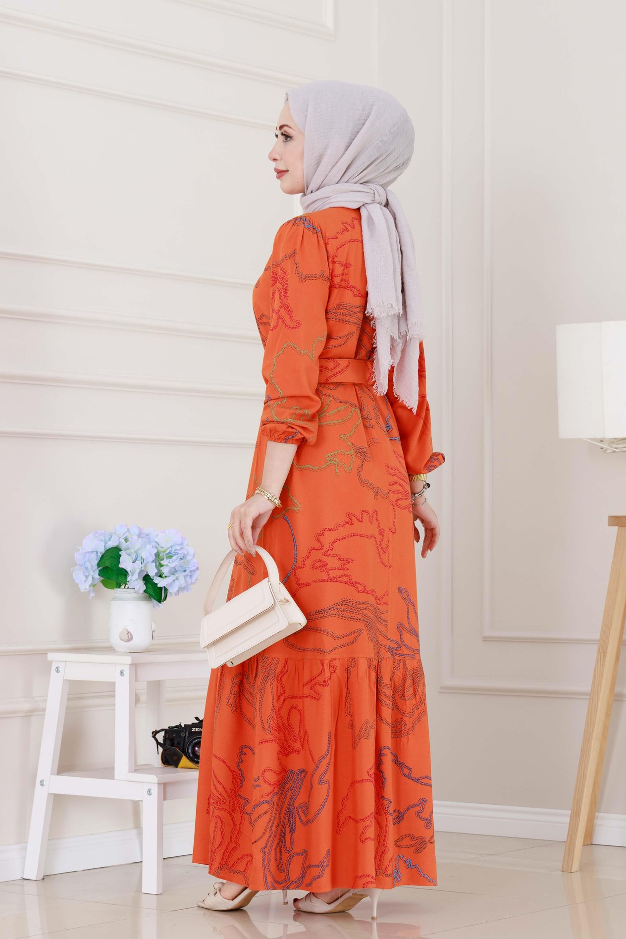 Chain Pattern Coated Belted Viscose Dress - Orange