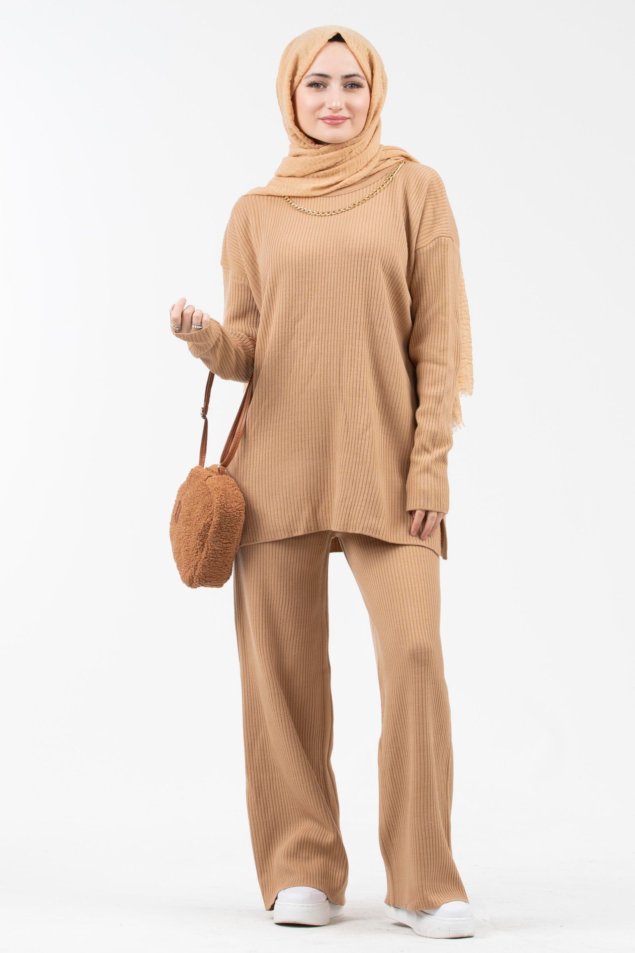 Zincir Detaylı Triko Takım-Camel