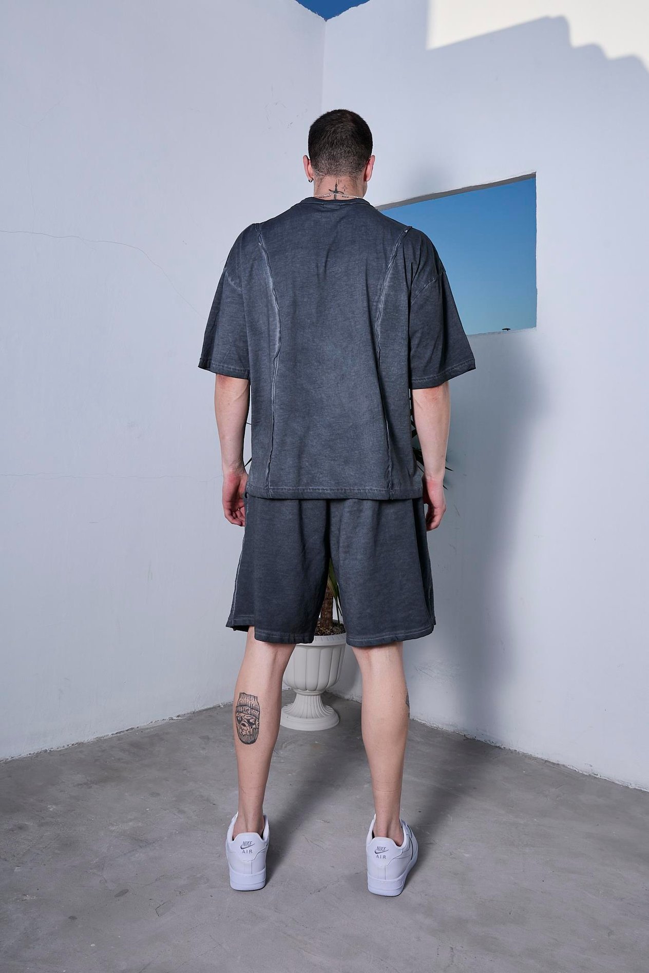 Oil Washed Reversible Antrasit Şort