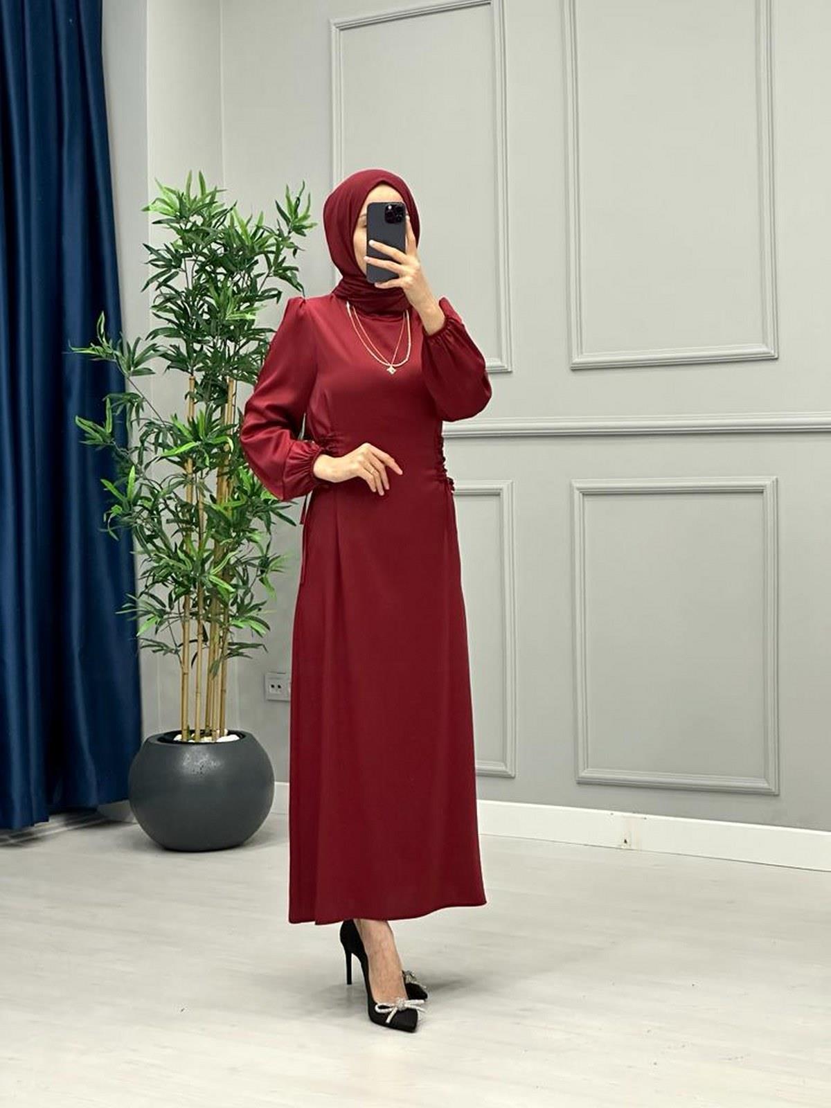 Beli Bağcıklı Saten Elbise Bordo