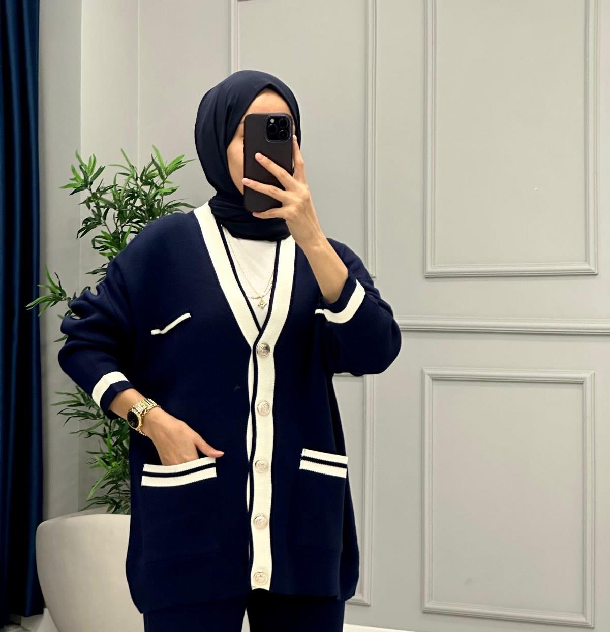 Çizgili Asel Triko Takım-Lacivert