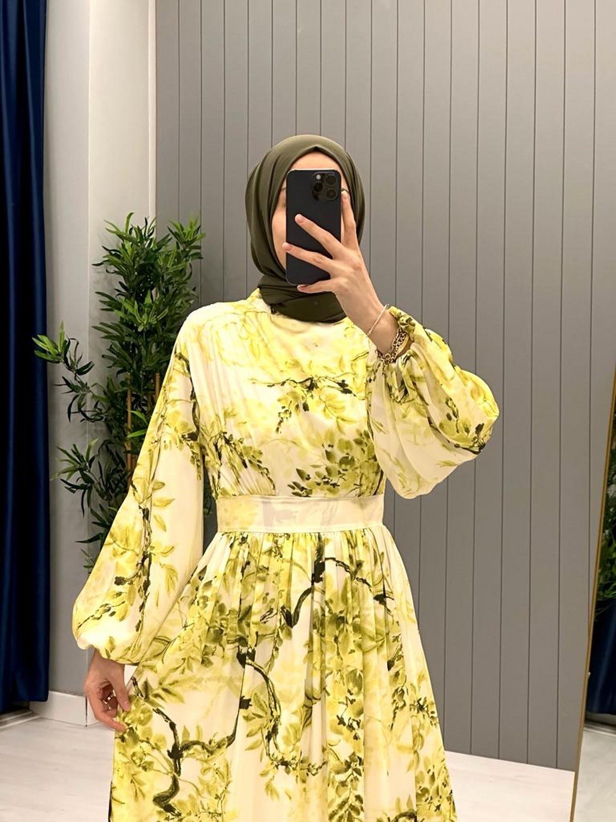 Desenli Saten Elbise Yeşil