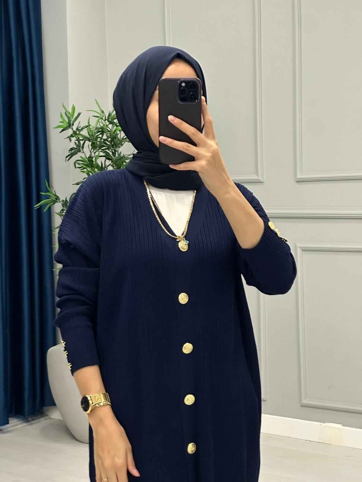 Gold Düğme Detaylı Hırka-Lacivert