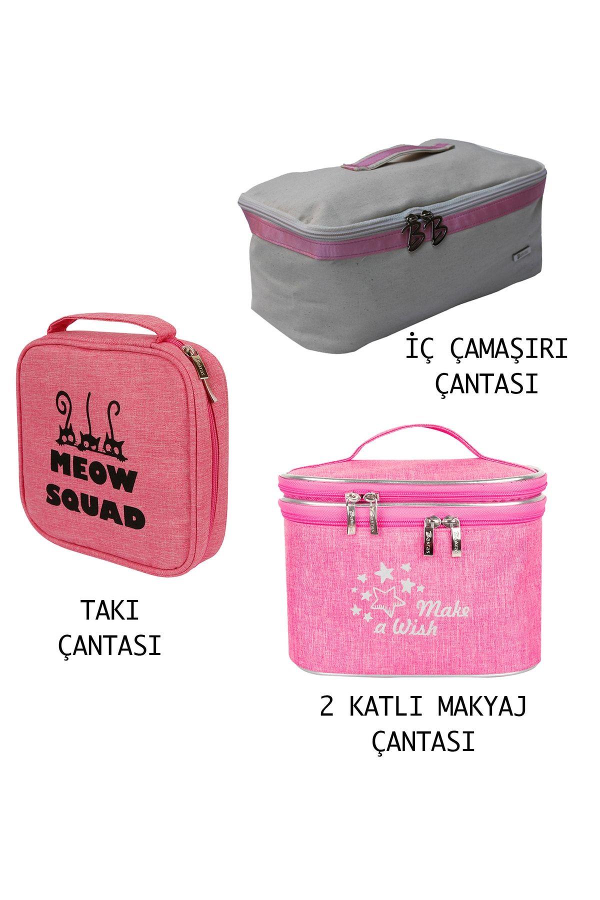 3 Parçalı Seyahat Çanta Seti (takı Çantası- Iç Çamaşır Çantası- 2 Katlı Kozmetik Çantası )