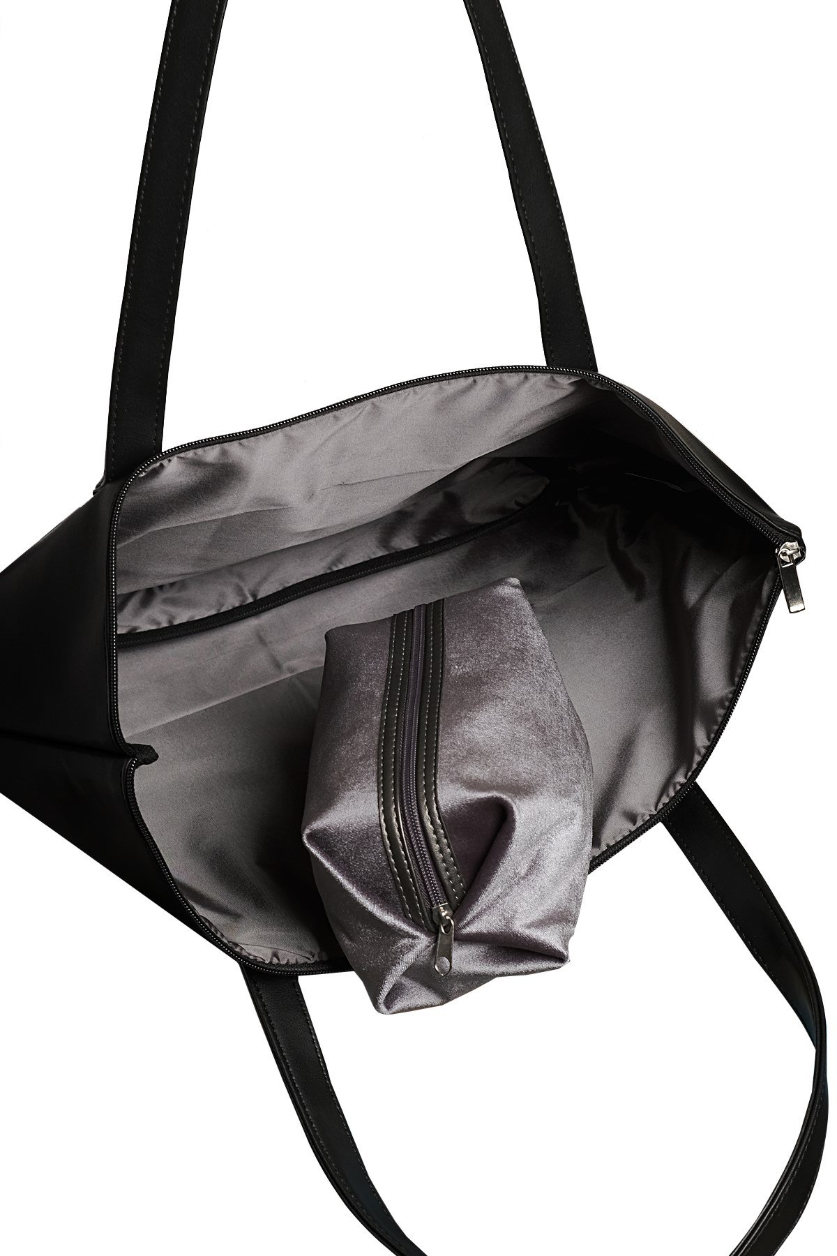 Büyük Boy Siyah Shopper Çanta- Gri Mini Çantalı