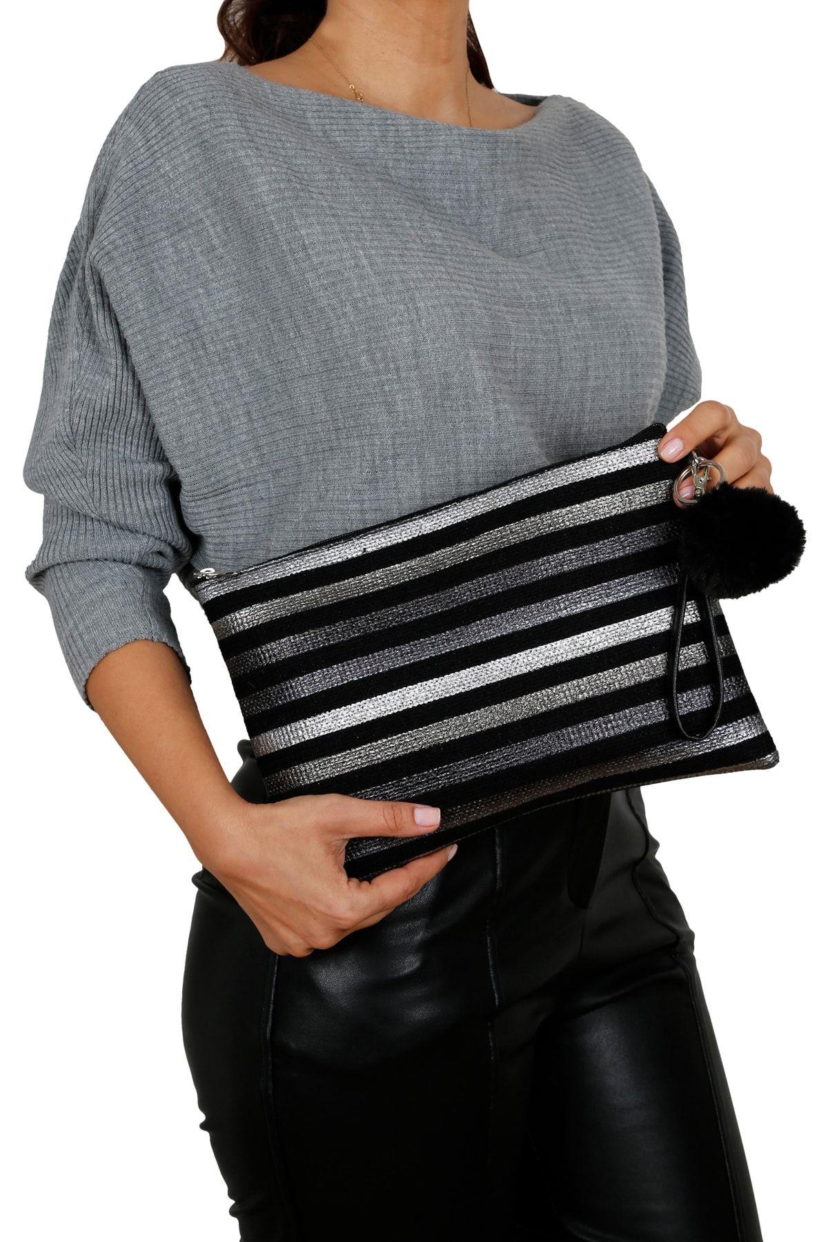 Gümüş Çizgili Portföy&Clutch Çanta CLCSTR33