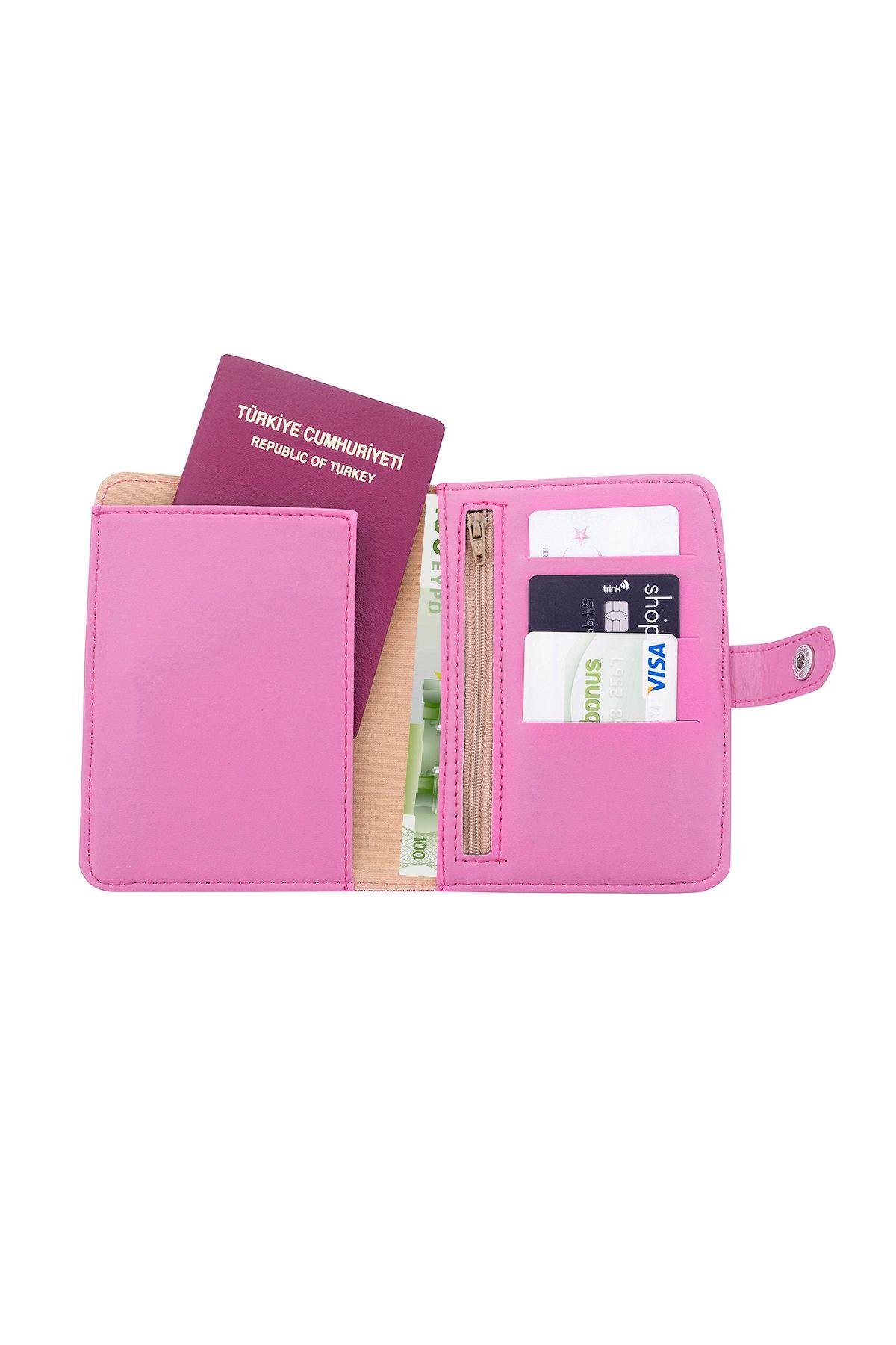Metalik Simli Pembe Bölmeli Pasaport Kılıfı Pasaportluk Cüzdan